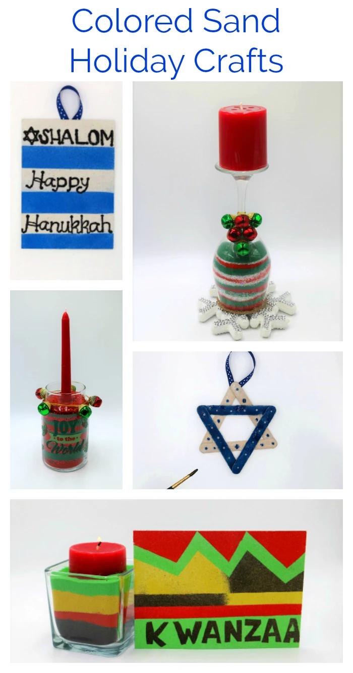 Create handmade memories this holiday season with fun colored sand craft projects that are wonderful for all ages! #holidaycrafts #kwanzaa #hanukkah #christmascrafts